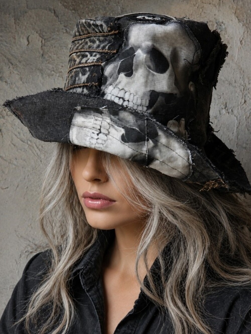 AVANT-GARDE TOP HAT SKULL APLIQUE UPCYCLED BLACK DENIM SCULPTURED ARTISAN HAT